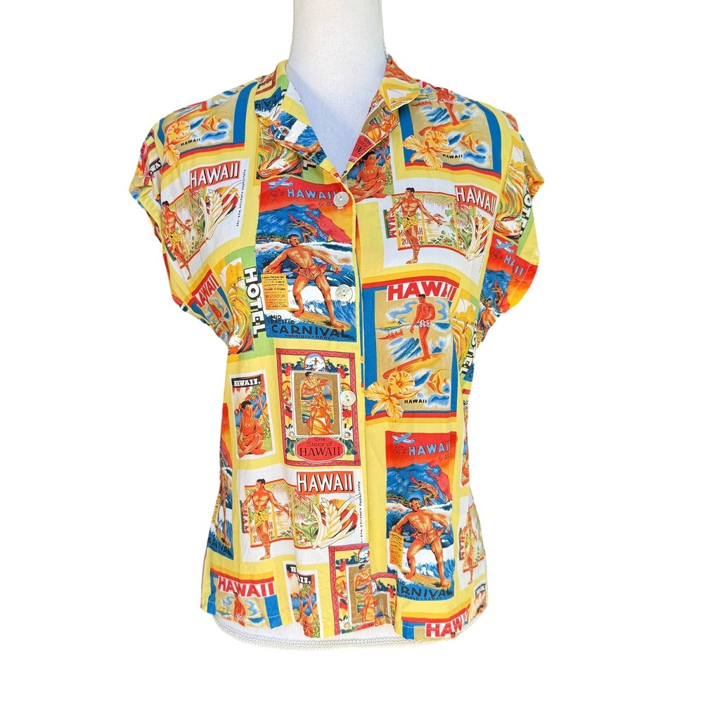Mermaids Hawaii Postcard Print Button Down Shirt Yellow Vintage Style Size 0